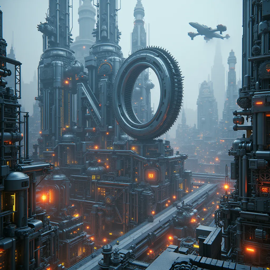 A futuristic city built entirely from CNC machined precision parts, including gears, bolts, bearings, and connectors. The city's structures are complex, featuring towering skyscrapers, bridges, roads, and mechanical devices, all crafted with smooth, reflec...