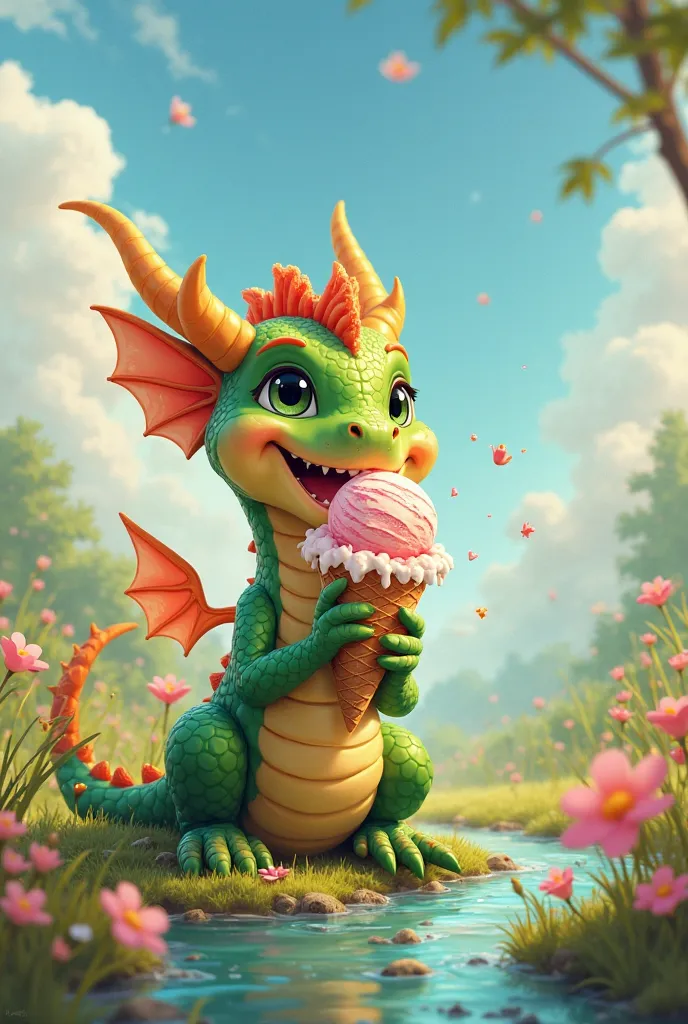 A happy dragon eating ice cream