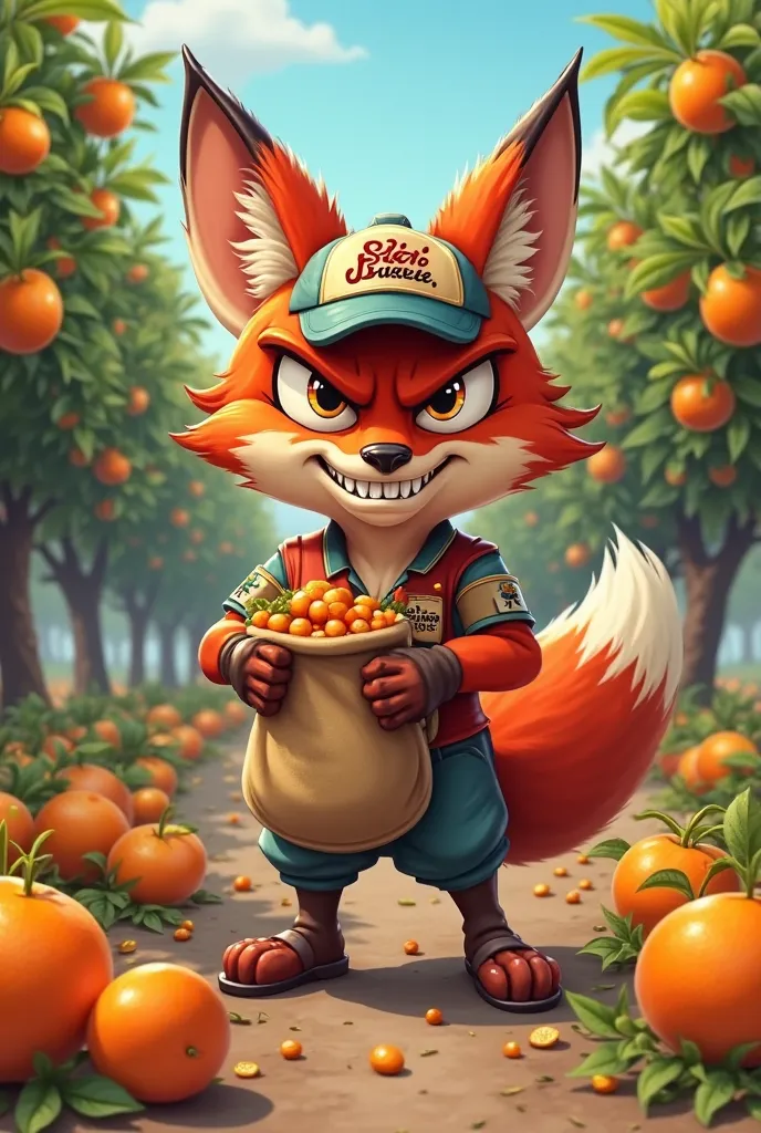 Angry fox style cartoon dressed as a gas station with the inscription Sour Diesel that steals from an orange field