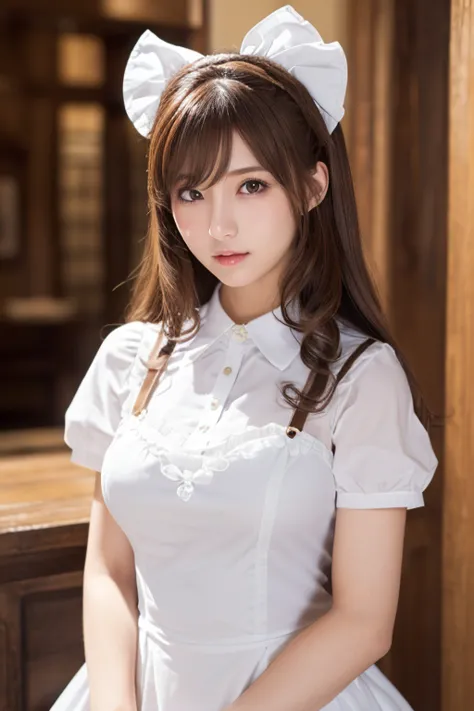 highest quality, masterpiece, 8k, Ultra-high resolution, (Realistic: 1.4), 1 girl, Beautiful Face, Symmetrical eyes, big, Perfect Body Proportions, ((Long Hair))、((Brown Hair:1.5)), Maid、((ゴスロリ風Maid服:1.4)), Viewer&#39;sight, ((Coffee shop、Blurred Backgroun...