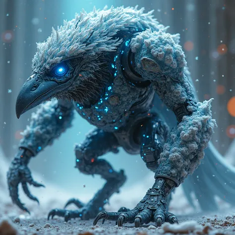 A large muscular robotic crow. His body made of shining metal with translucent glass-made skin. Veins of glowing ice is seen underneath the clear skin causing frost to begin forming on his body. His feathered head has thickening frost on the feather tips. ...