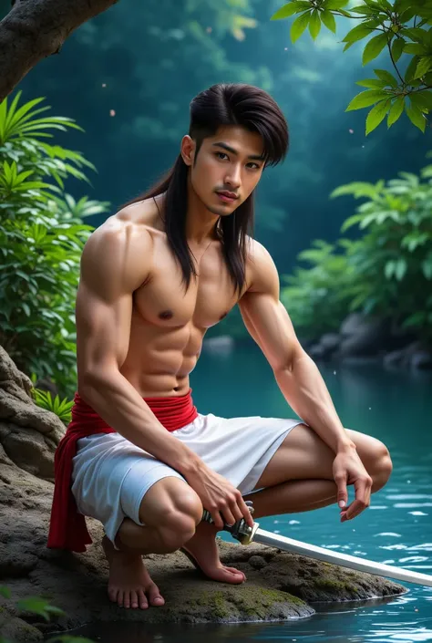 cinematic animated character art, shillouete of handsome cleanshaved Asian warrior sitting on one knee, holding a hengdang sword with Long handle stuck in ground, wearing used rough white dhoti and kurta, a red cloth tied around his waist, long hair, serio...