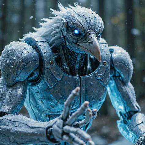 A large muscular robotic crow. His body made of shining metal with translucent glass-made skin. Veins of glowing ice is seen underneath the clear skin causing frost to begin forming on his body. His feathered head has thickening frost on the feather tips. ...