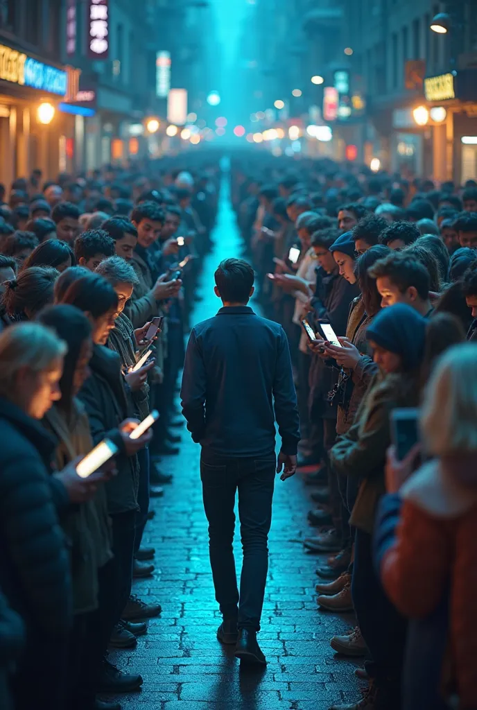 A crowded urban scene showing a long queue of diverse people standing shoulder to shoulder, all transfixed by their smartphone screens with zombie-like expressions and bathed in blue light. In stark contrast, one confident figure stands out in the center, ...