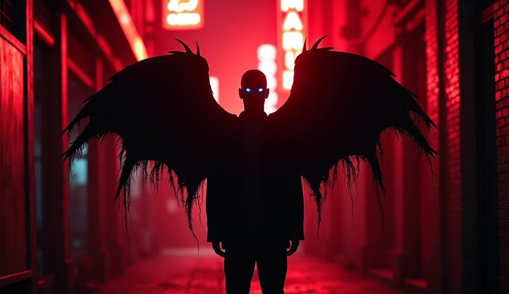 A sinister urban alley at midnight, drenched in deep red and black tones. The shadowy figure of a man stands alone, his silhouette sharper, more menacing. Behind him, large tattered wings stretch out, dripping with darkness, blending into the night. The ne...