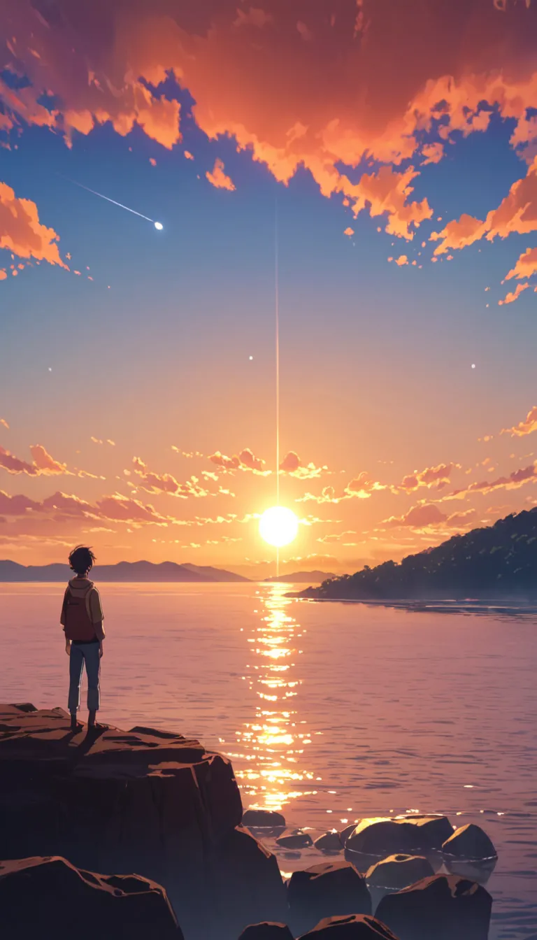 Beautiful and serene anime landscape, eclipsee ((with clean sky bintage effect)), sunset ((without clouds)), dreamy, incredible. A boy looking towards the empty horizon, an incredible clear sky, The image shows a young male anime character contemplating th...