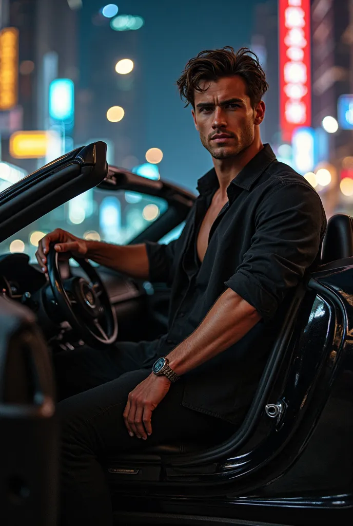 A tall muscular 24-year-old man with brown hair, black eyes, wearing a black shirt with some loose buttons, black pants in a sexy position, with one hand on the wheel of a state-of-the-art black car with the passenger window down.. The dark of the night wi...