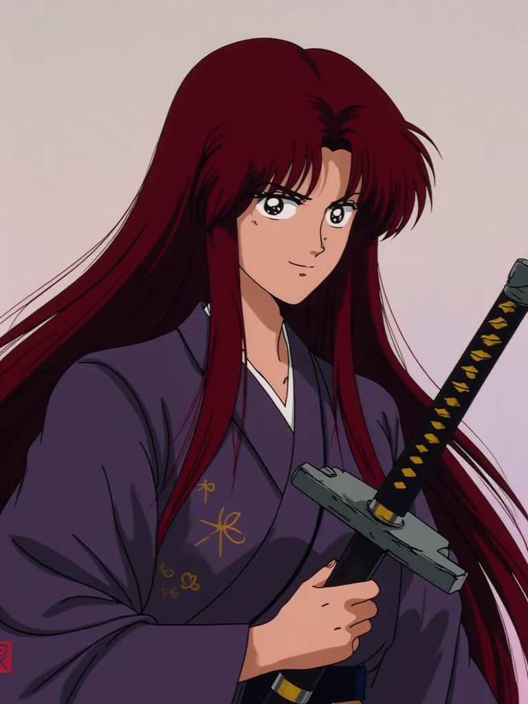 Anime Solo, 1girl, long hair, dark red hair color, "V" shaped hair bangs, Katana behind his shirt, Wearing Kenshin samurai clothes 