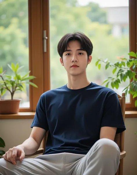 (photorealism:1.2), Full body a korean man that looks like BTS jungkook, sitting on room, navy light t-shirt, pajama pants, short dark hair, indoors, soft lighting, plants in background, window with sunlight, cozy room, relaxed pose, realistic, intricate d...