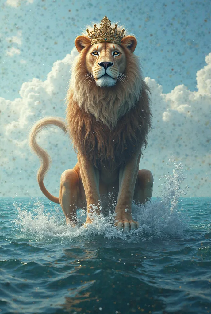 A Lion sitting on sea and the lion have a long tail with crown on his head