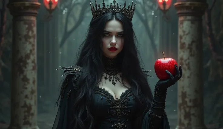  girls on the left,long black hair，Black Queen ， Accessories，Apple in hand ，Poisoned Apple，Witch Queen，red lipstick