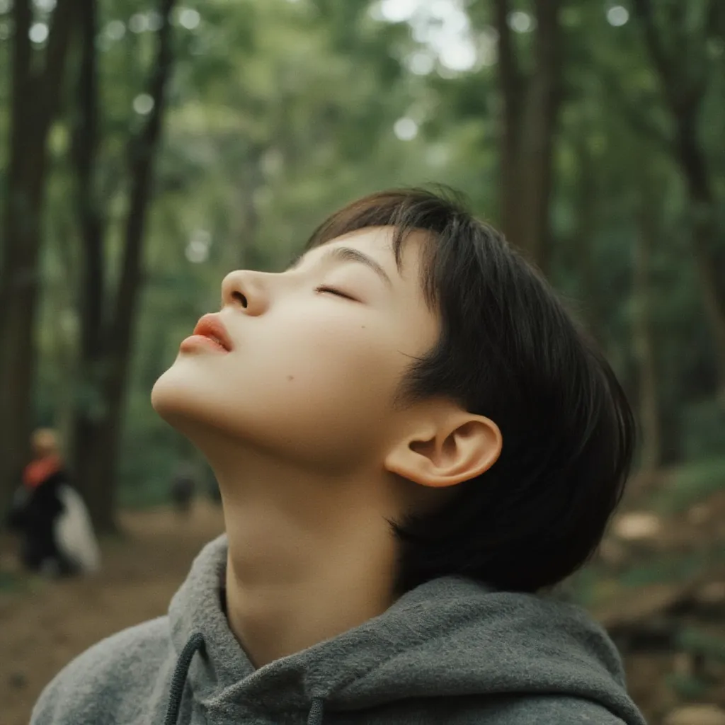 A  boy takes a deep breath, Look up at the sky and, closes eyes, he looks pleasant and refreshed, Relaxed attire, forest and people Background, masterpiece, best quality, detailed, high resolution, photorealistic