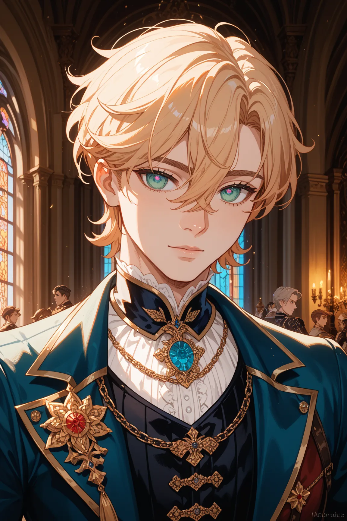 Man/1 boy/human//masterpiece/afterglow/looking at viewer/((Noble wear ))/(Alexandrite hair)/hair between eyes/Alexandrite eyes/empty eyes/aristocratic /((medieval gothic))/evening/