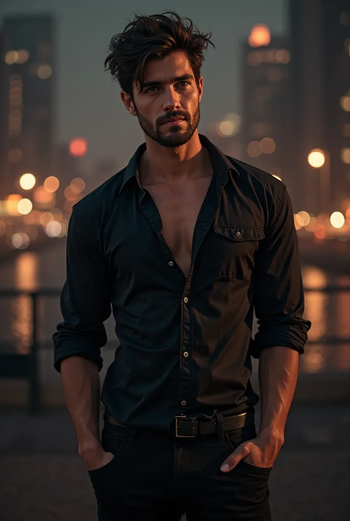 A tall muscular 24-year-old man with brown hair and black eyes wearing a black shirt with some loose buttons and black pants in a sexy position. In the dark of the night with the city lights in the background 