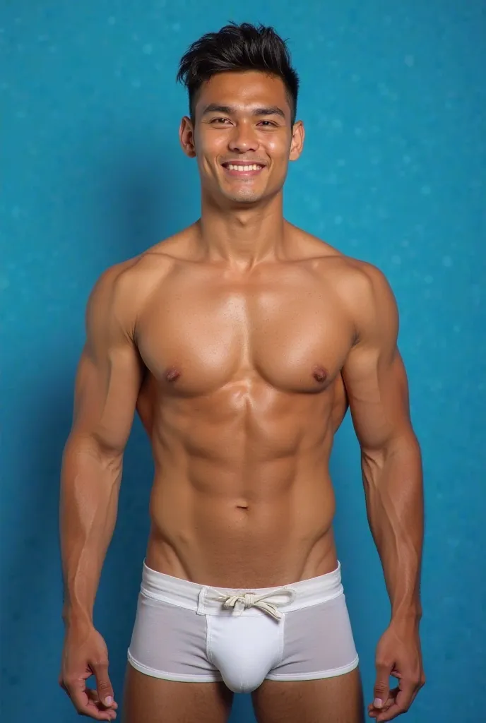 high definition portrait photo face front. handsome beefy hunk in a male pageant swimsuit photoshoot blue background wearing white briefs erection hard full length dick. Filipino Hawaiian Ken handsome football jock muscular hunk. Sharp nose wavy hair buff ...