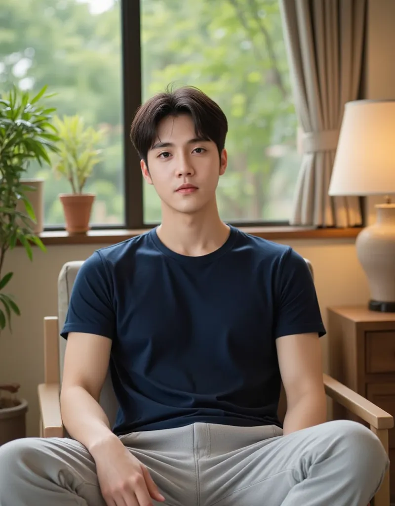 (photorealism:1.2), Full body a korean man that looks like BTS jungkook, sitting on room, navy light t-shirt, pajama pants, short dark hair, indoors, soft lighting, plants in background, window with sunlight, cozy room, relaxed pose, realistic, intricate d...