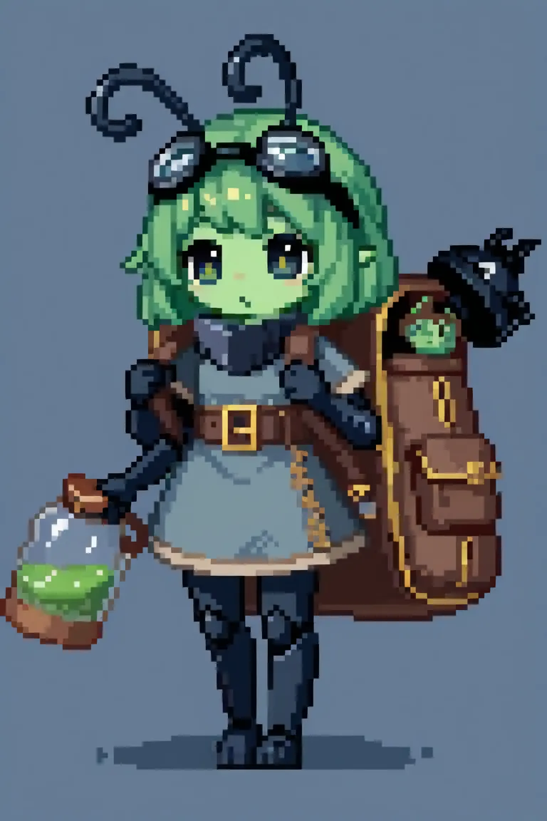 cute short humanoid alien beetle, female, four arms, black carapace, holding a very large backpack of items, merchant, goggles