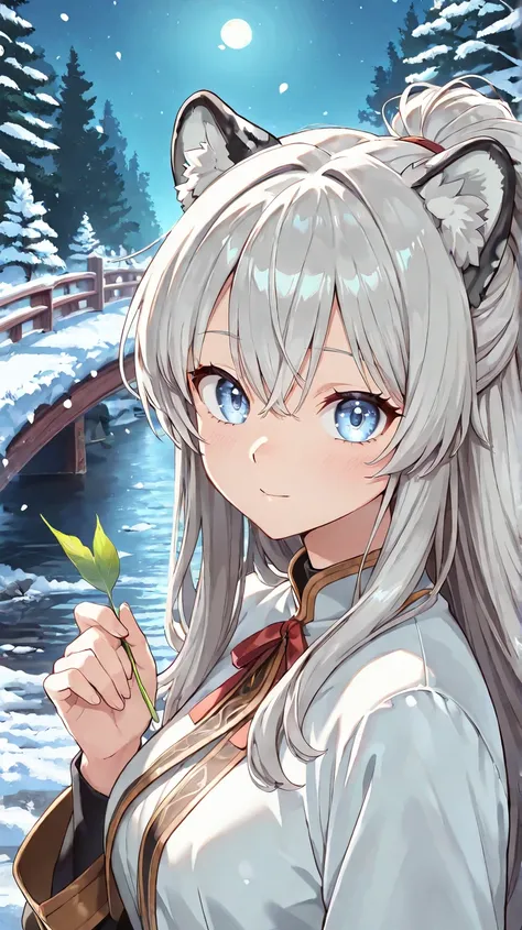 (masterpiece, Highest quality: 1.2), 1 girl, Alone, anime art, ( front view) Focus on Your FACE, Highest quality,  ultra-detailed illustration of a woman drawing a bow with a magic arrow ,  beautiful and elaborate eyes in a fantasy forest , Silver Hair,sno...