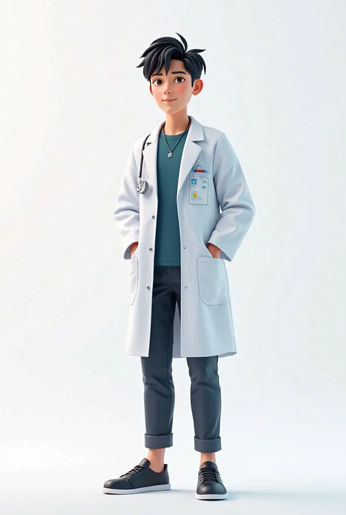 3D poster inspired by Disney, a 19-year-old man, medium black hair, wearing a white doctor's coat, full body, with a white background.