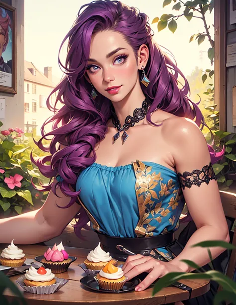 ((highest quality)), ((masterpiece)), (detailed),illustrations、1 person、 poster style、cupcakes、cock、Muscular drag queen、red lipstick、 purple hair、hair is loosely bundled into one on the side