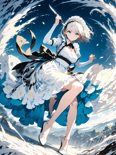 masterpiece, Highest quality,  's illustration , A  girl, Alone,  Sixteen Night Sakaki Night , ( white short hair),  MAID HEADBAND ,  sharp eyes, ( bright colors), light, Thick Smoke:1.6, ( Floating White Ink :1.8), Cyan Flame, ( Beautiful Clear Background...