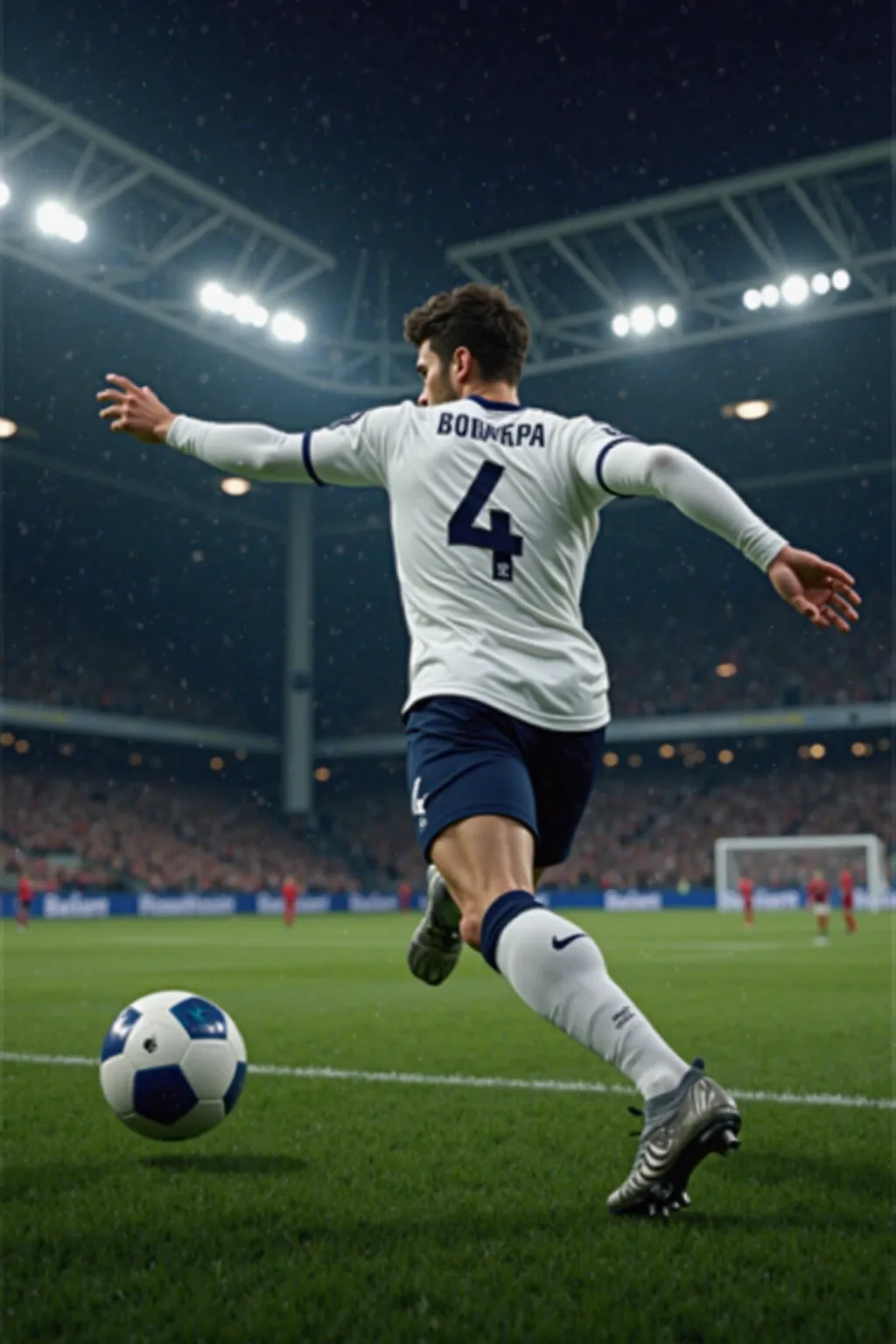 full body image, boots running kicking a ball on a soccer field during a game between Tottenham and Liverpool in a night stadium, 27-year-old male , short wavy hair  , athletic and muscular body, And his jaw marked, red high resolution boots Wearing the To...