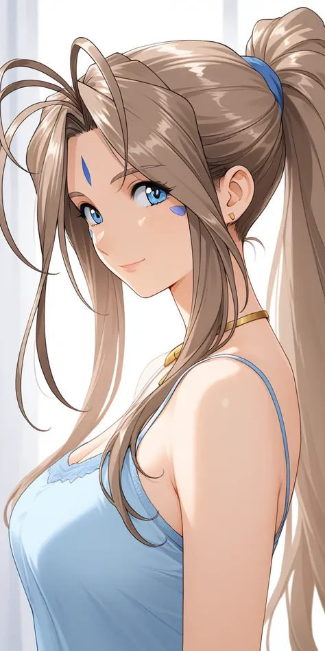 mature female, housewife, Brown hair, ponytail, lovely hair, camisole, upper body, milf, soft light, high detailed, light blue eyes, belldandy from aamegamisama