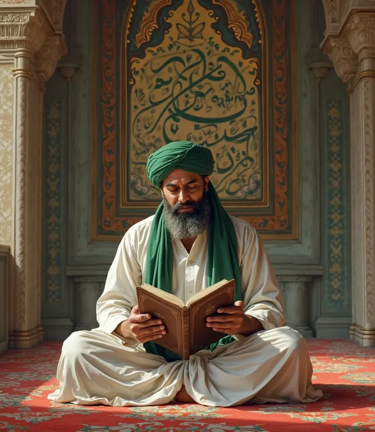 ‏شخص A Shiite Muslim wearing a green imam and white clothes sits in the mosque and reads the Quran in front of a large painting that says Ramadan Kareem