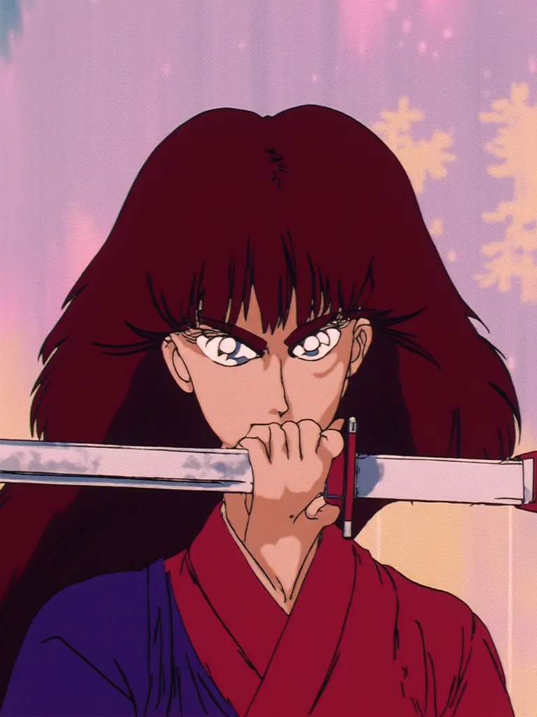 Anime Solo, 1girl, long hair, dark red hair color, "V" shaped hair bangs, Katana behind his shirt, Wearing Kenshin samurai clothes, woman