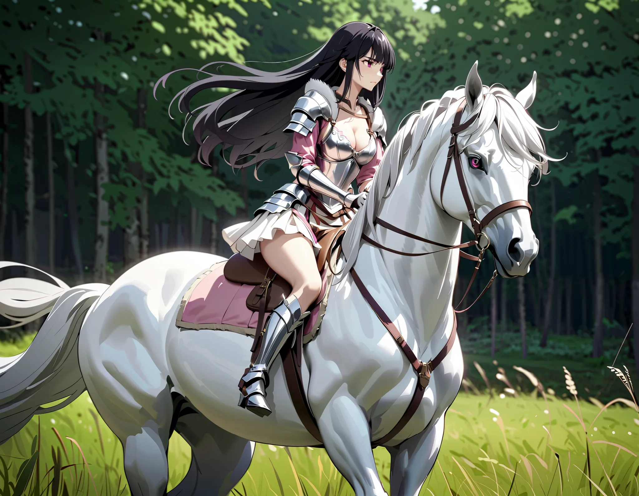 ((best quality)), ((anime masterpiece)), (high detailed), 8k, cinematic lighting, perfect face, female knight riding a HORSE, (KJOsakuya, black hair, pink eyes, hime cut, long hair, medium breast, cleavage), (silver armor, silver pauldron, white miniskirt,...