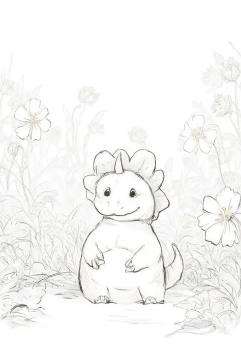 Adorable baby Triceratops sitting in a peaceful prehistoric meadow, surrounded by large, cartoonish flowers. The dinosaur has big expressive eyes, a round and chubby body, and a playful smile. The image is designed as a coloring book illustration with clea...