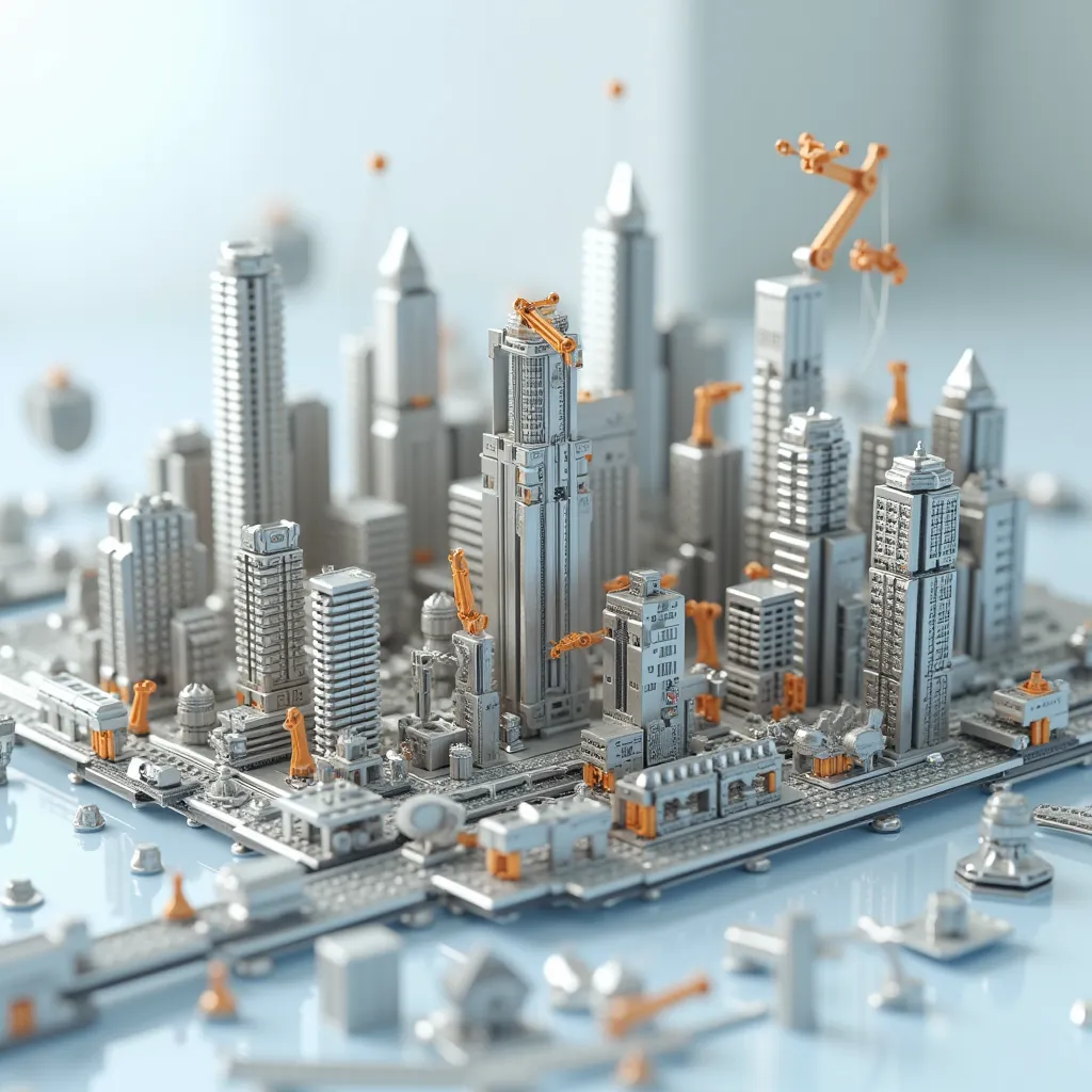 A desktop miniature city model, meticulously assembled from CNC machined precision parts such as gears, bolts, bearings, and connectors. The city's buildings are small and intricate, resembling Lego-like constructions, with smooth, reflective metal surface...