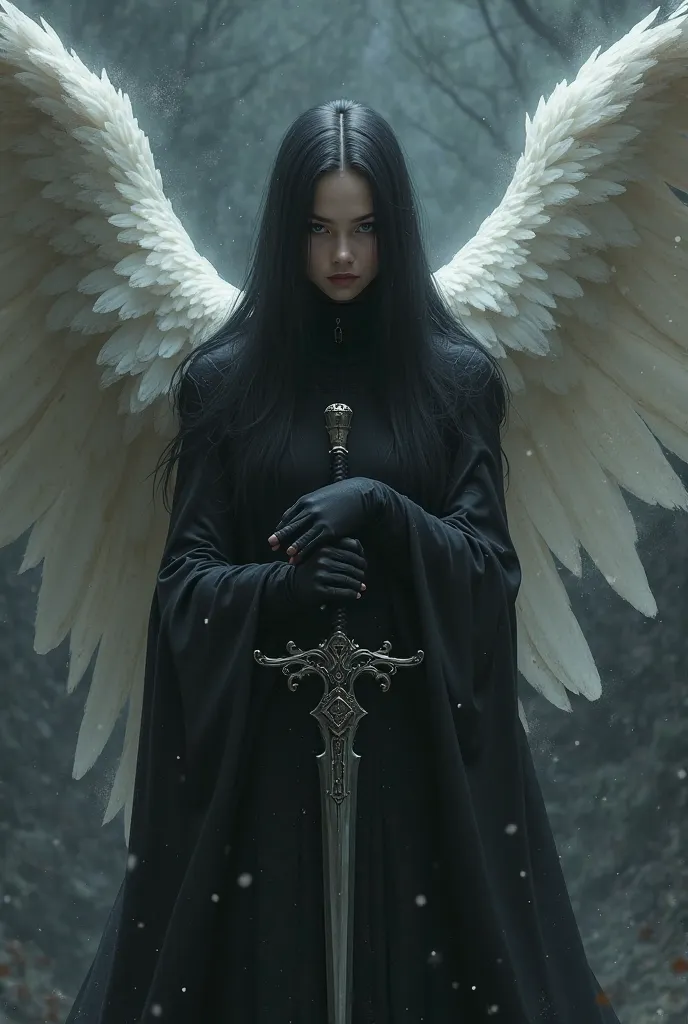 Masked female angel half of her face, with pale skin and straight black hair, wearing black clothes, white wings and armed with a scimitar; Dark Fantasy