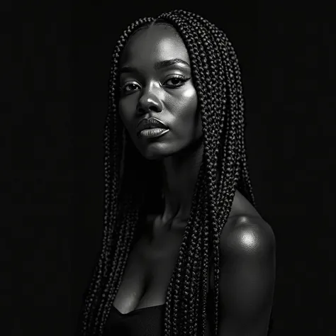 "An ultra-HD black and white portrait of a Black model with dramatic African braids, featuring distinct mechas that create a striking visual contrast. The monochrome tones highlight the depth, texture, and intricate weaving of the hair. The lighting is bol...