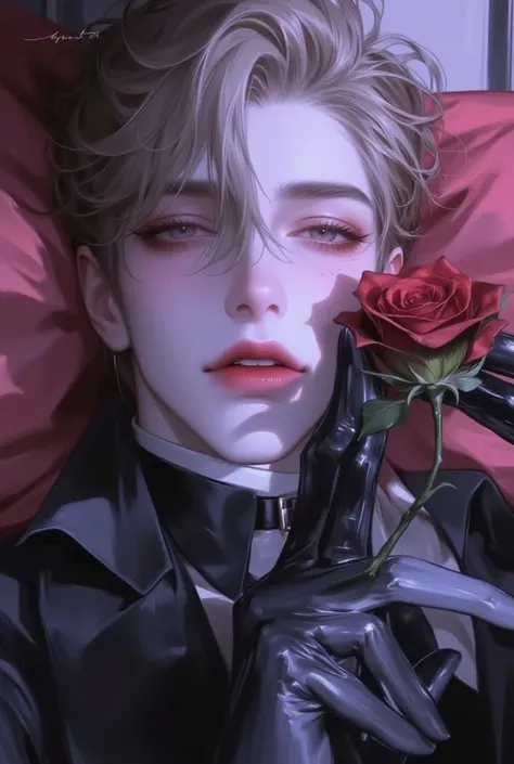 A beautiful villain man who fell into darkness in an animated illustration、Dark King 、 beautiful and handsome 、  bright background  、 colorful background 、hope、good night、 kindness 、light、 expressionlessで睨む、 Black Rose 、僕は君をgood nightしてるよ、20 years old、 exp...