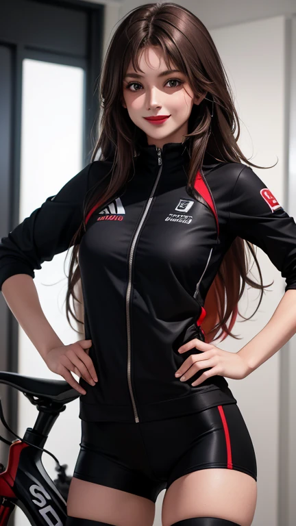 woman , long hair brown, normal, dark, she is solo, from alternative world ,best quality, realistic, cycling (full blown color) suit and cycling sports black shorts, she is stand , smile, red lipstick , 