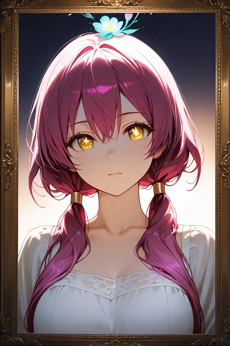 Expressionless woman with golden eyes, star-shaped pupil, short hair, big hair pigtails, long hair pigtails, lush hair pigtails, big bust, magenta hair and short white dress