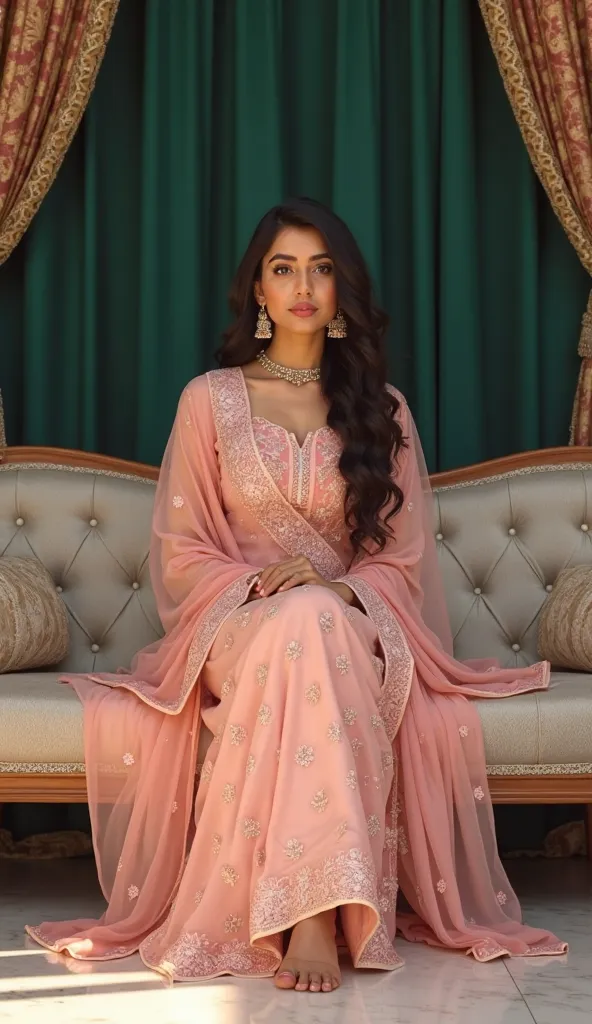 "A young woman sits gracefully on a sofa in front of a dark green curtain, wearing a traditional Pakistani baby-pink outfit adorned with delicate light gold embroidery and small red floral patterns must be visible on dress. Her long, dark hair cascades in ...