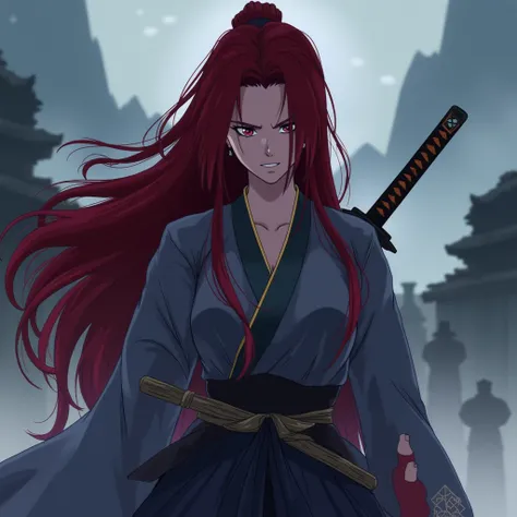 Anime Solo, 1girl, long hair, dark red hair color, "V" shaped hair bangs, Katana behind his shirt, Wearing Kenshin samurai clothes, woman, Breasts, 