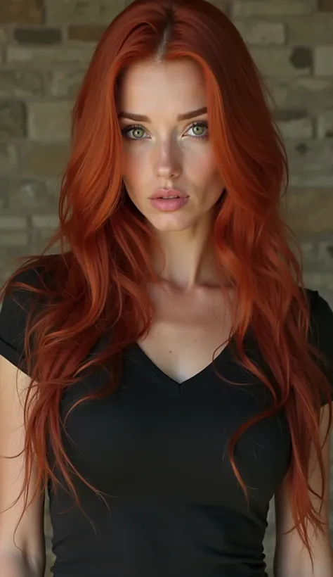 Woman with long red hair、big boobs、  wet black t-shirt 、 bulging nipples、Slightly slanted and green eyes 、looking at the camera、 A little surprised face、