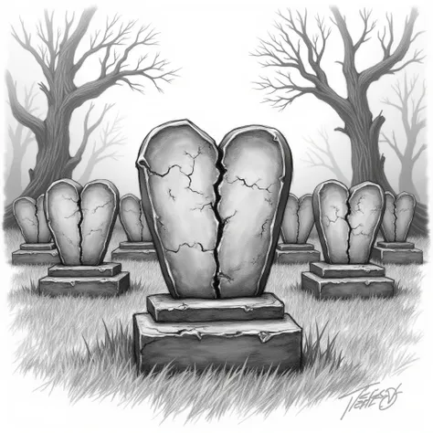 A detailed sketch-style image of multiple tombstones, all in the shape of a broken heart, scattered across an old graveyard. Each tombstone is cracked in the middle, symbolizing loss and sorrow. No other shapes are present, only broken heart-shaped tombsto...