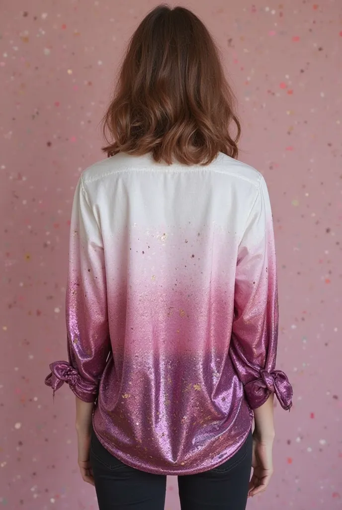 I want a shirt model, that is the smoky pink base with white, with metallic purple and gold details, shirt without exaggeration, on the back that has the name “Milena” on the bottom of the shirt, something simple, but beautiful is different 