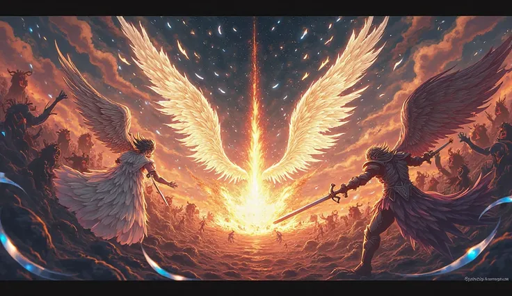 A war between ANGELS and DEMONS on a black background. Anime Style  