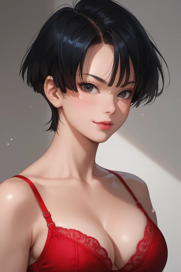 A highly detailed digital portrait of a character inspired by the reference image. The character must have short hair, smooth and vibrant red, with a long fringe partially covering one of the eyes, She has a exposed nine inches cock poking out of her panti...