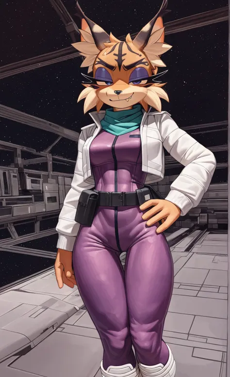 ((Miyu Lynx)), ((Starfox)), ((pixelsketcher style)), ((wamudraws style)), ((masterpiece)), ((high resolution)), ((solo portrait)) {(attractive figure), (toned body), (slim waist), (beautiful legs), (brown fur), (black nose), (long pointed lynx ears), (dark...