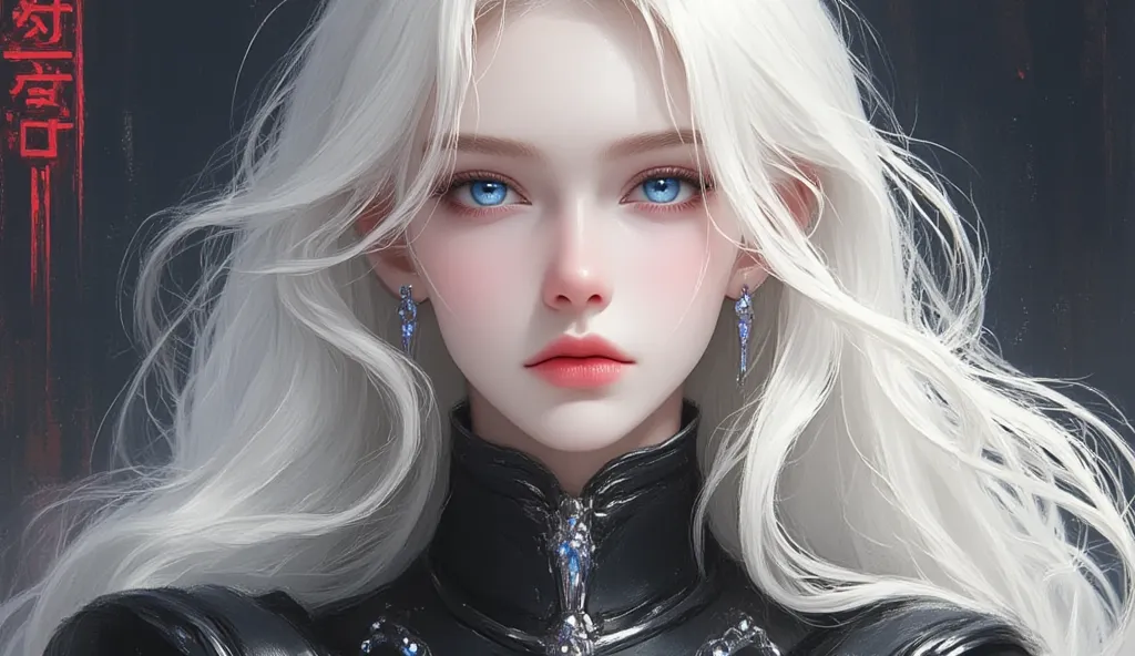 A digital illustration shoot from a close-up camera angle about a futuristic female character with long, wavy hair and a serious expression. the subject, a young woman with pale skin and blue eyes, is positioned in the middle of the image. she appears to b...