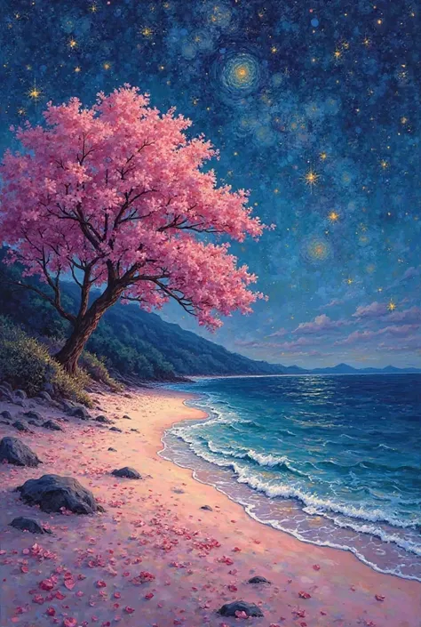 Resplandor de  night oscura, grainy oil paint, starry beach, aerial view,  night,  Starry Sky. Winding beach, half pink beach, half purple seawater from taro, there is a  on the pink beach with rainbow-colored clouds super big like cotton on her head, that...