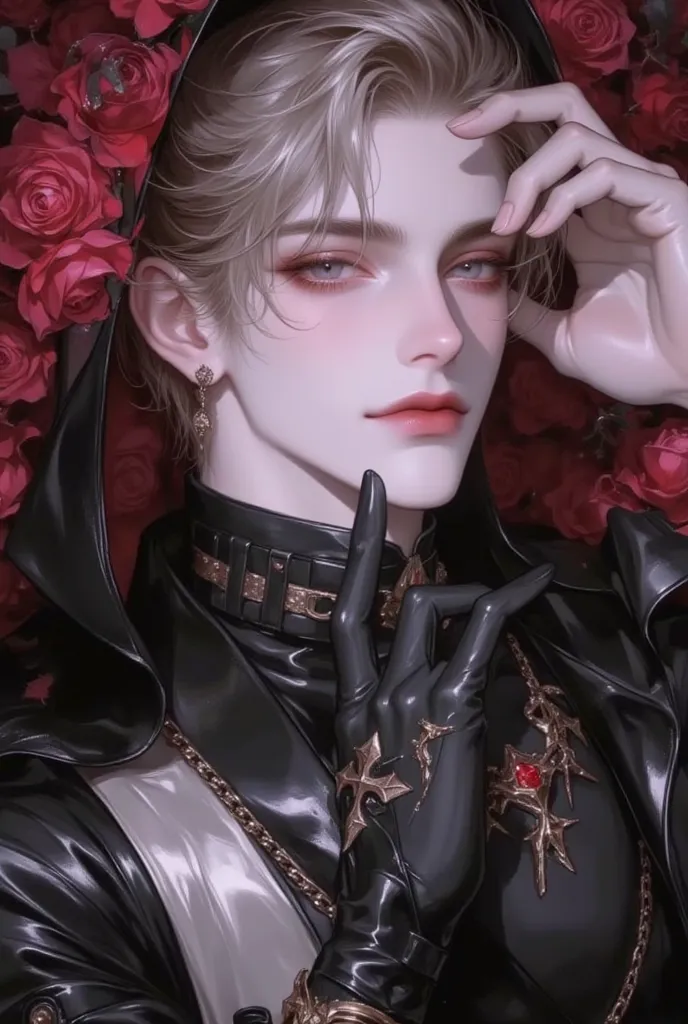 A beautiful villain man who fell into darkness in an animated illustration、Dark King 、 beautiful and handsome 、  bright background  、 colorful background 、hope、good night、 kindness 、light、 expressionlessで睨む、 Black Rose 、僕は君をgood nightしてるよ、20 years old、 exp...