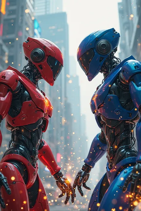 red and blue robot fighting each other 