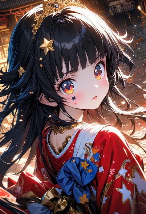 ((Cute Japanese girl, Anmitsu Hime, Hime cut, long hair back, black hair, red kimono with lots of gold heart patterns, blue obi, gold tiara, star-shaped hair ornament, Japanese castle)), background artwork, atmospheric anime, masterpiece, highest quality, ...